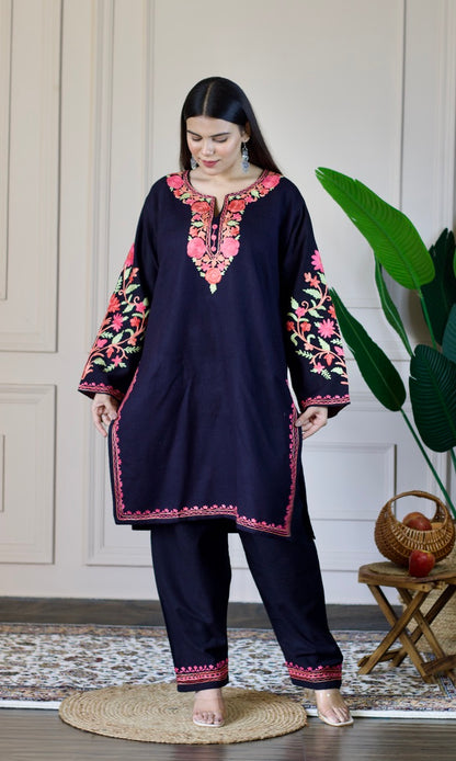 Black Kashmiri Aari Woollen Co-ord Set - Blush Bloom