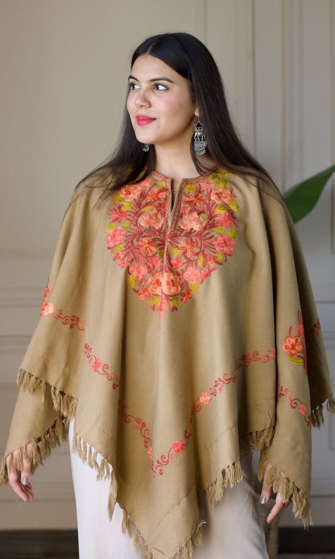 Light Brown Aari Embroidered Fine Cashmilon Poncho