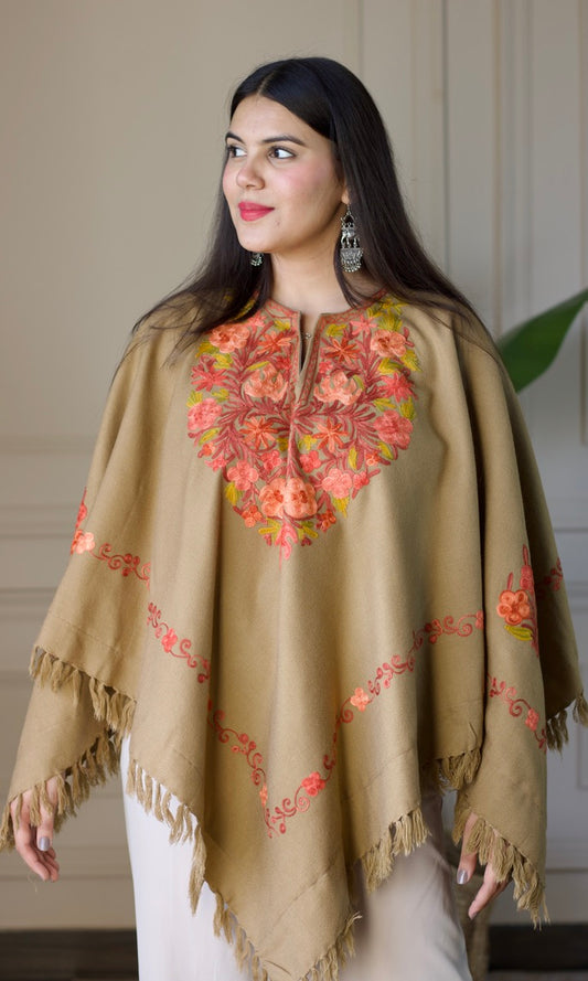 Light Brown Aari Embroidered Fine Cashmilon Poncho