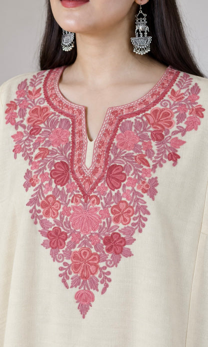 Off-White Blush Petal Aari Embroidered Fine Cashmilon Pheran
