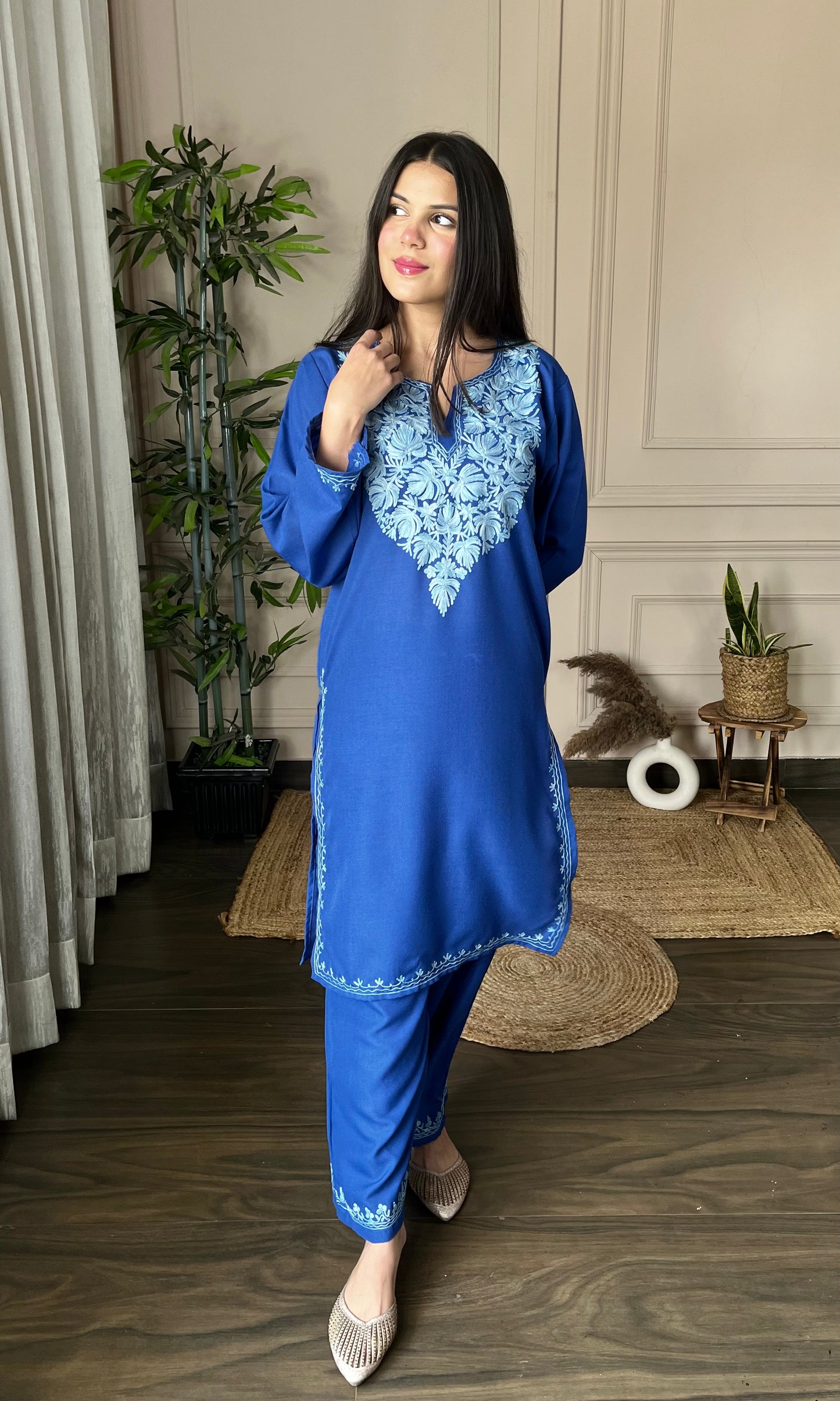 Blue Aari Embroidered Cotton Co-ord Set