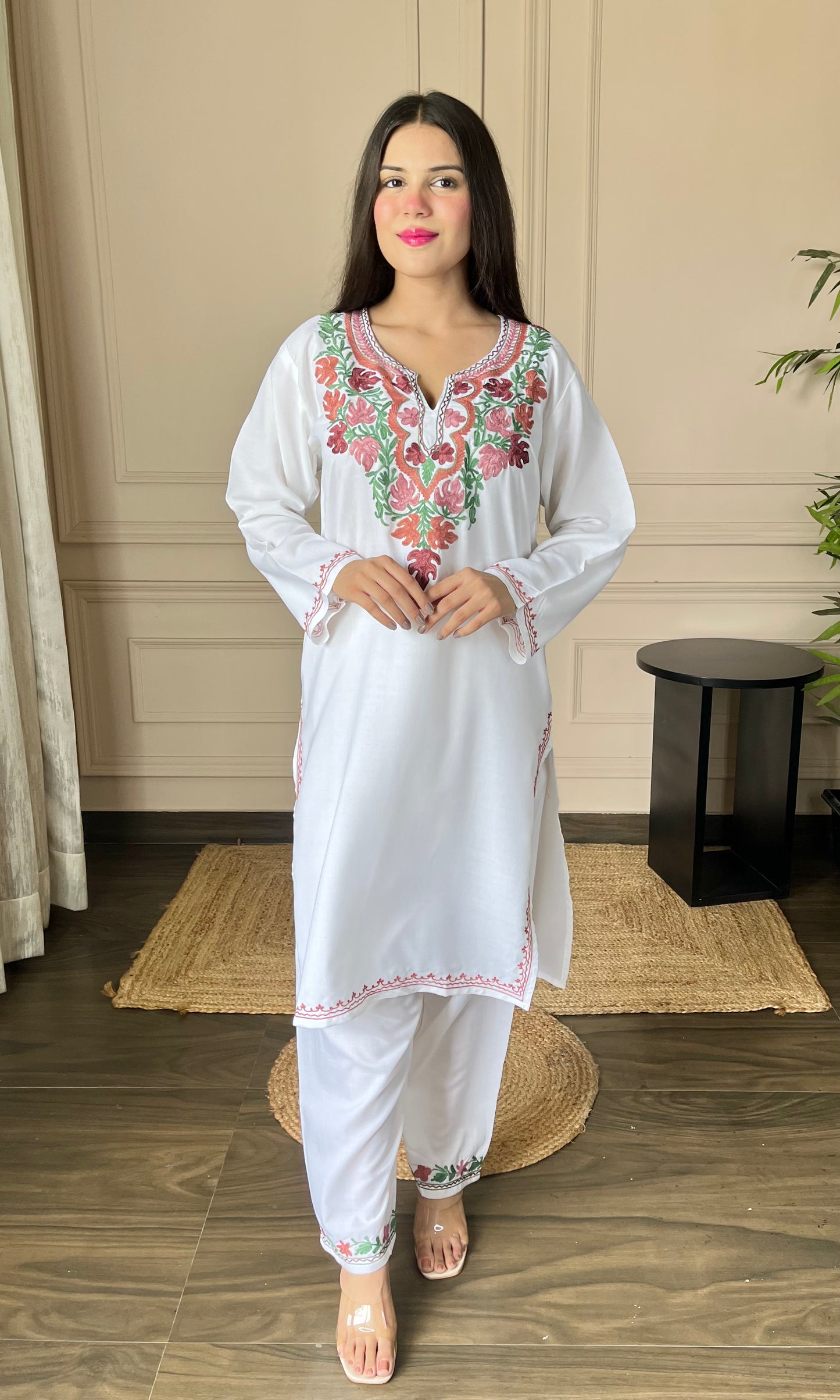 White Cotton Co-ord Set with Delicate Floral Aari Embroidery