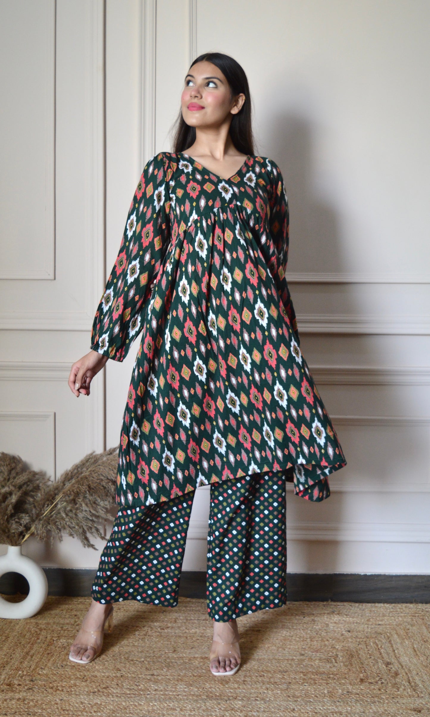 Bottle Green Printed Flared Kurta with Pants