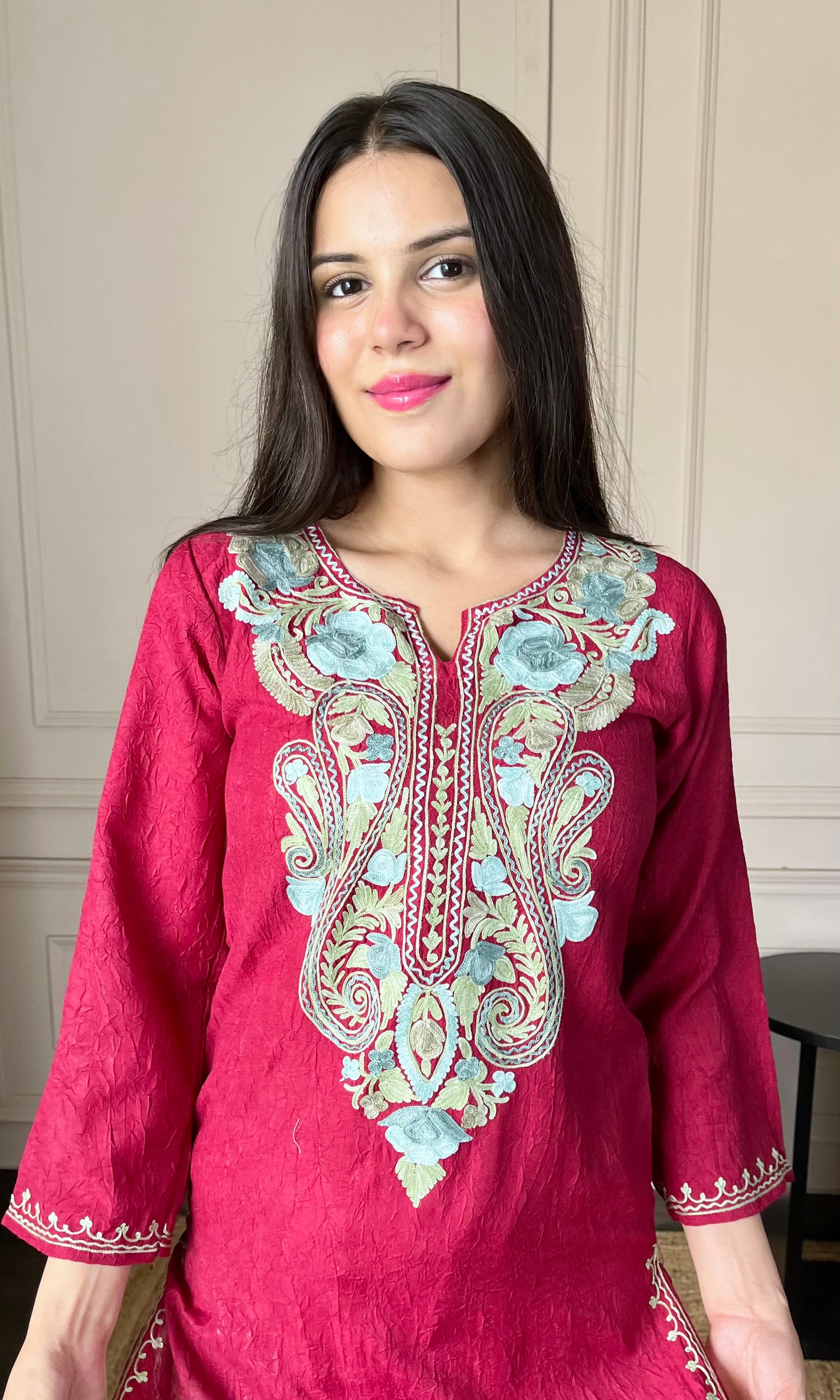 Maroon Aari Embroidered Crushed Cotton Kurti