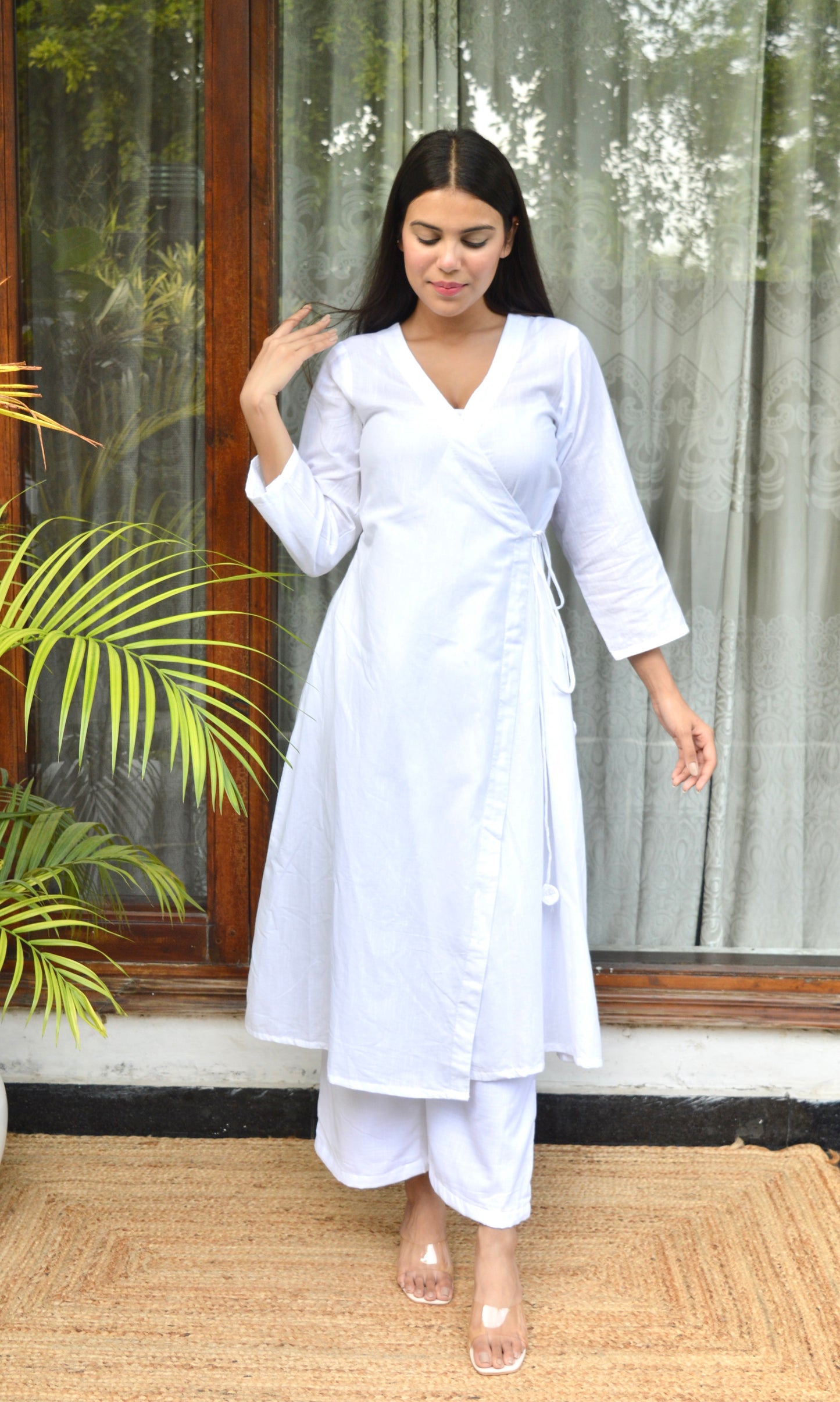 White Cotton Angrakha Kurta with Pants