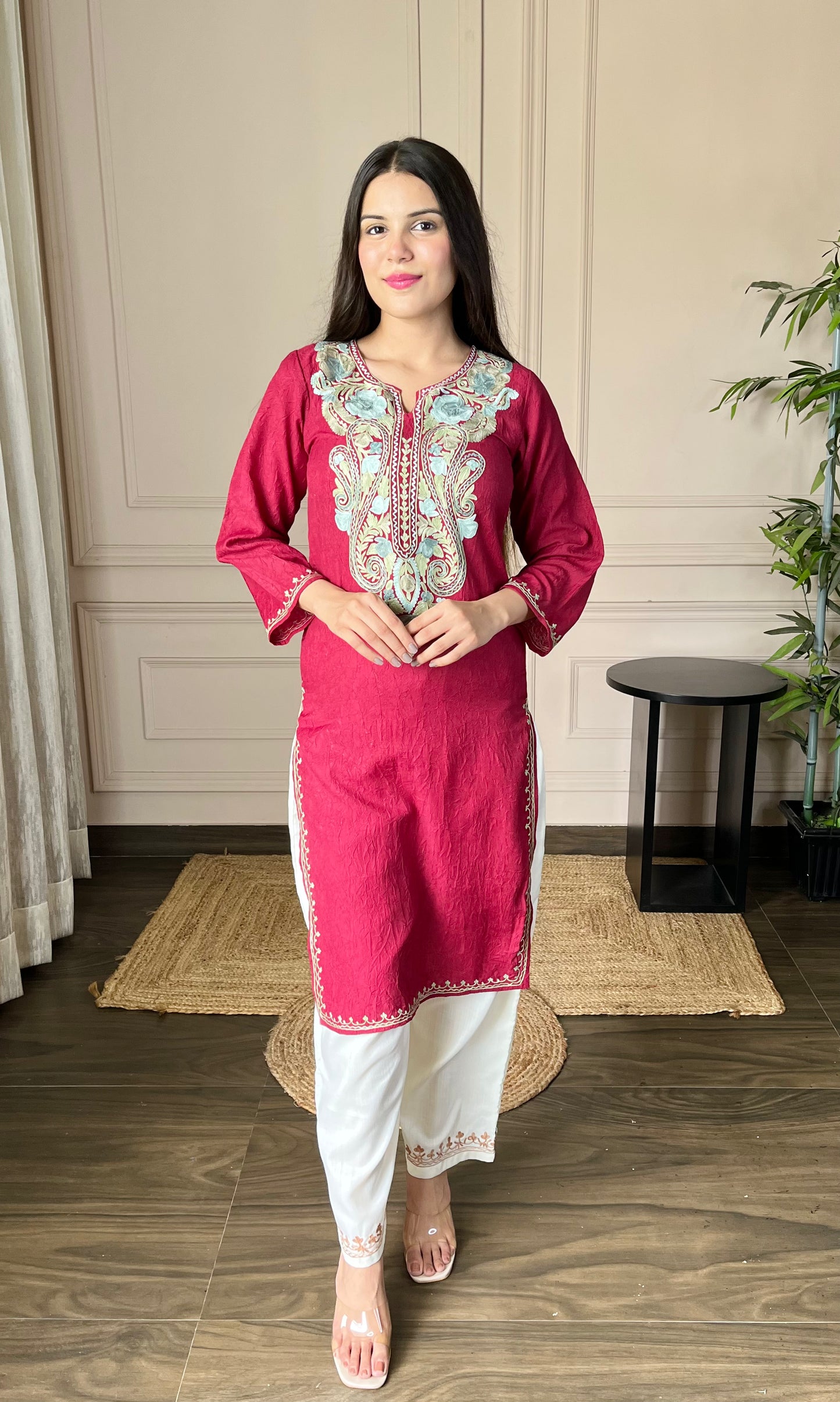 Maroon Aari Embroidered Crushed Cotton Kurti