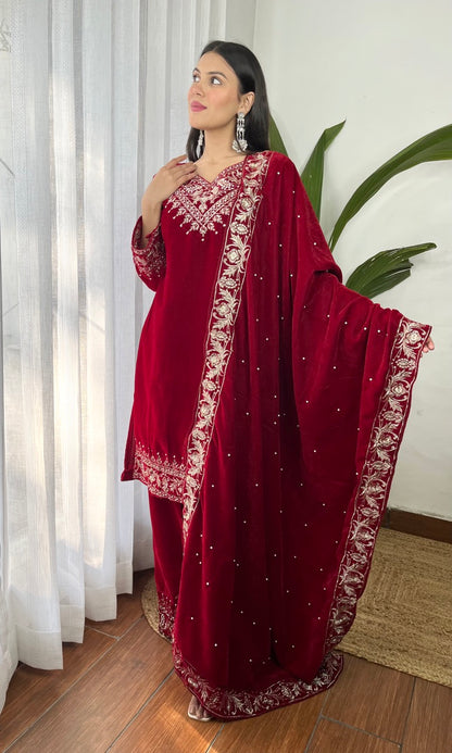 Red Velvet Suit with Flowing Dupatta