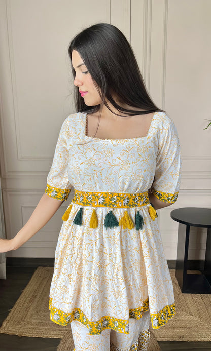 Yellow Printed Cotton Sharara Set With Belt