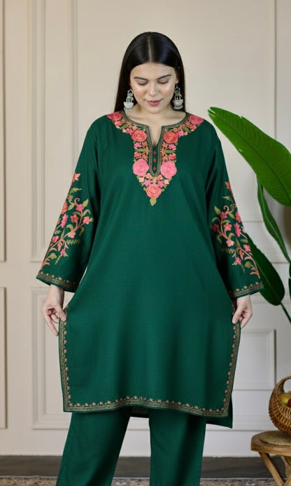 Bottle Green Kashmiri Aari Woollen Co-ord Set - Blush Bloom