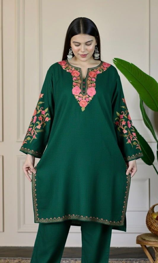Bottle Green Kashmiri Aari Woollen Co-ord Set - Blush Bloom