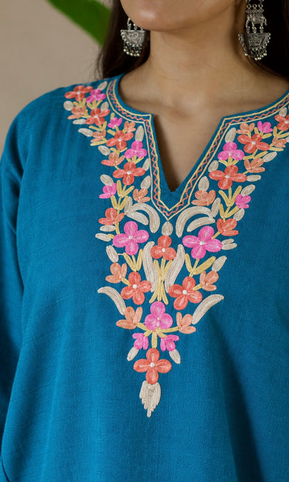 Deep Sea Blush Petals Aari Embroidered Fine Cashmilon Pheran