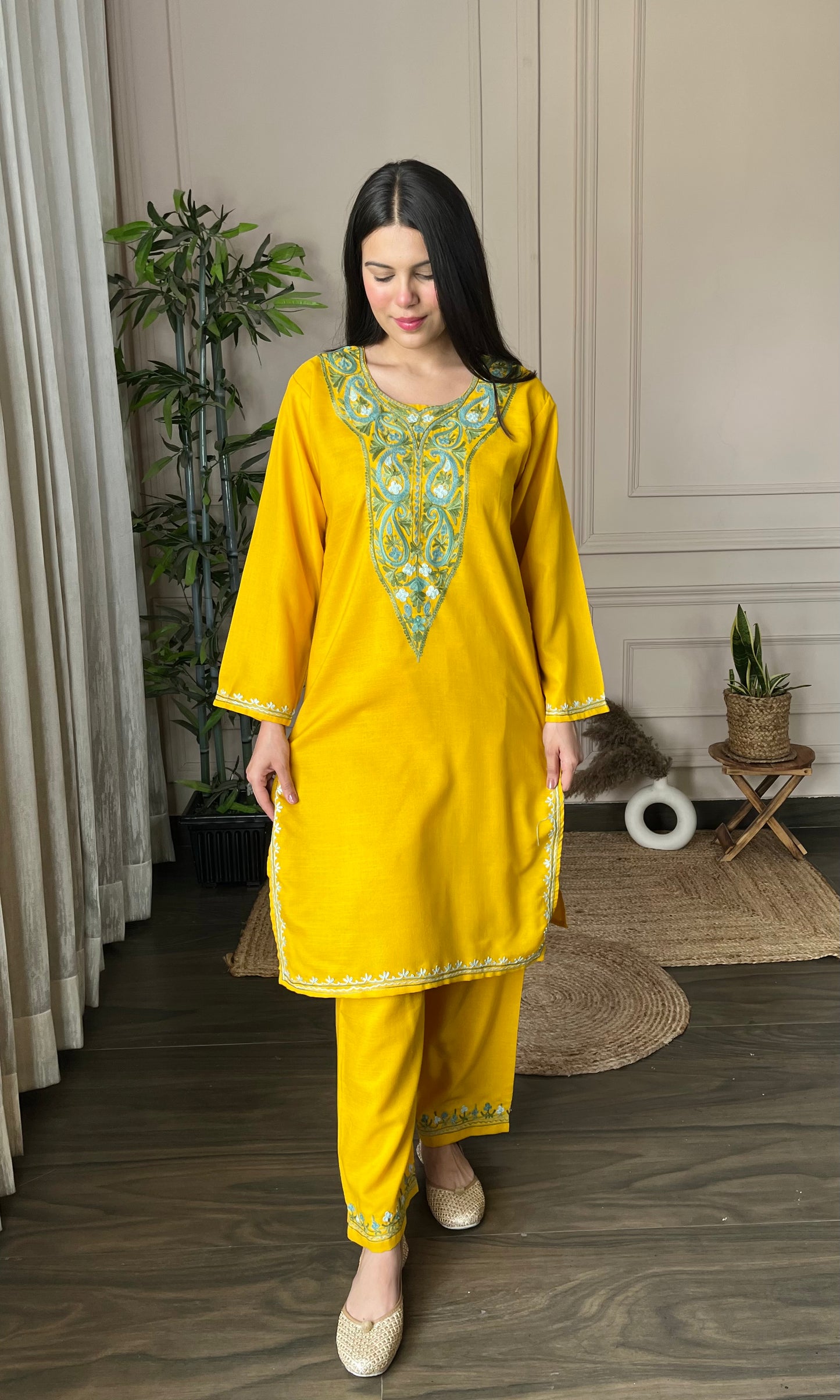 Mustard Aari Embroidered Cotton Co-ord Set