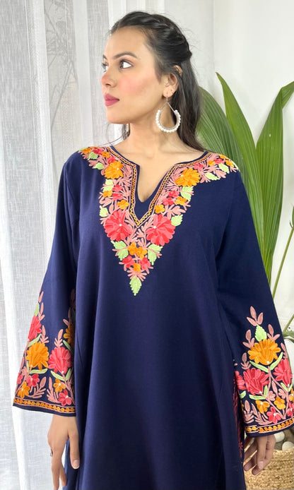 Navy Blue Bliss with Pink Aari Embroidered Fine Cashmilon Pheran