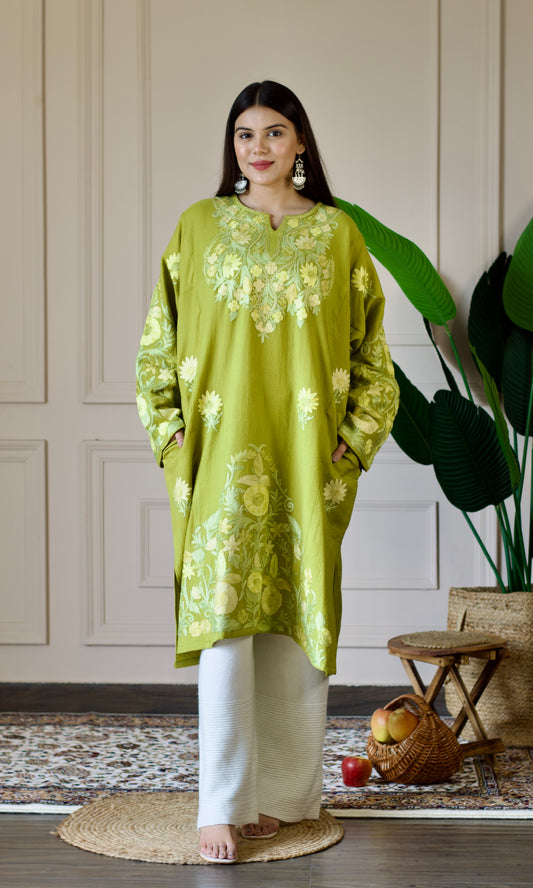 Light Green Aari Embroidered Wool Pheran