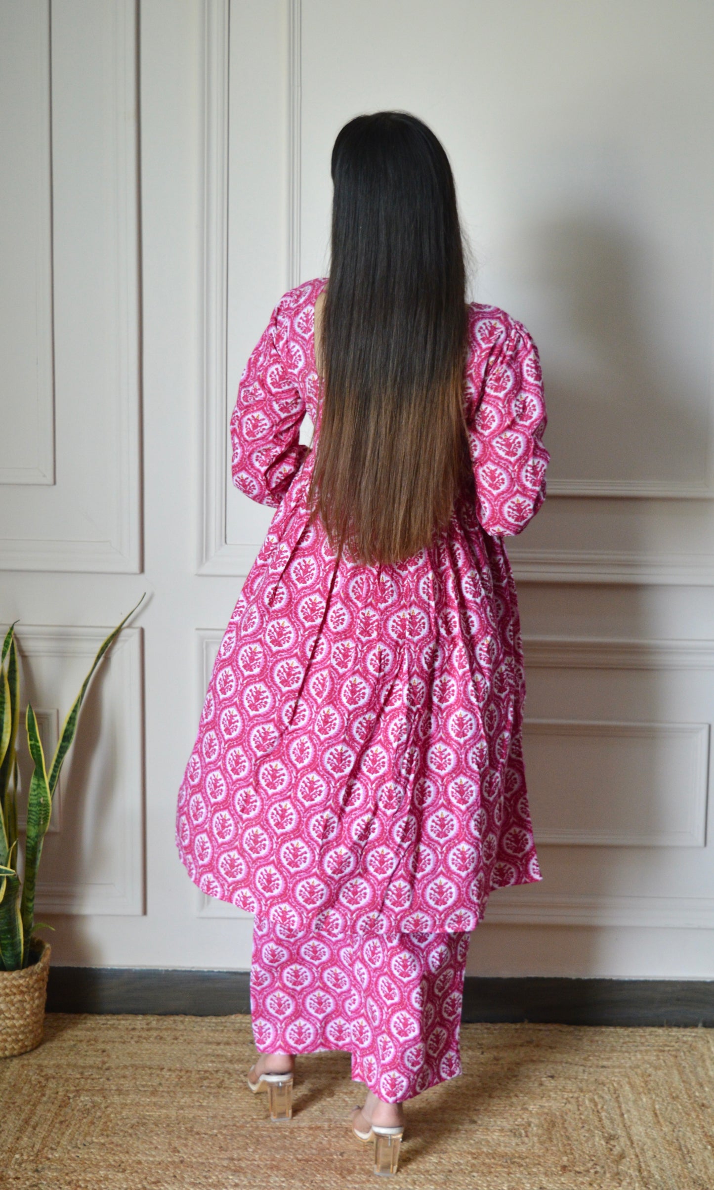 Pink Printed Flared Kurta with Pants