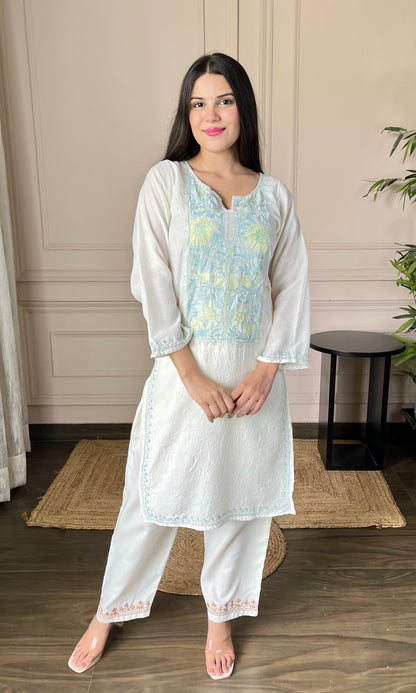 Summer Breeze Aari Embroidered White Crushed Cotton Kurti