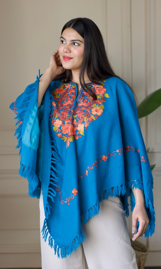 Sky Blue Aari Embroidered Fine Cashmilon Poncho
