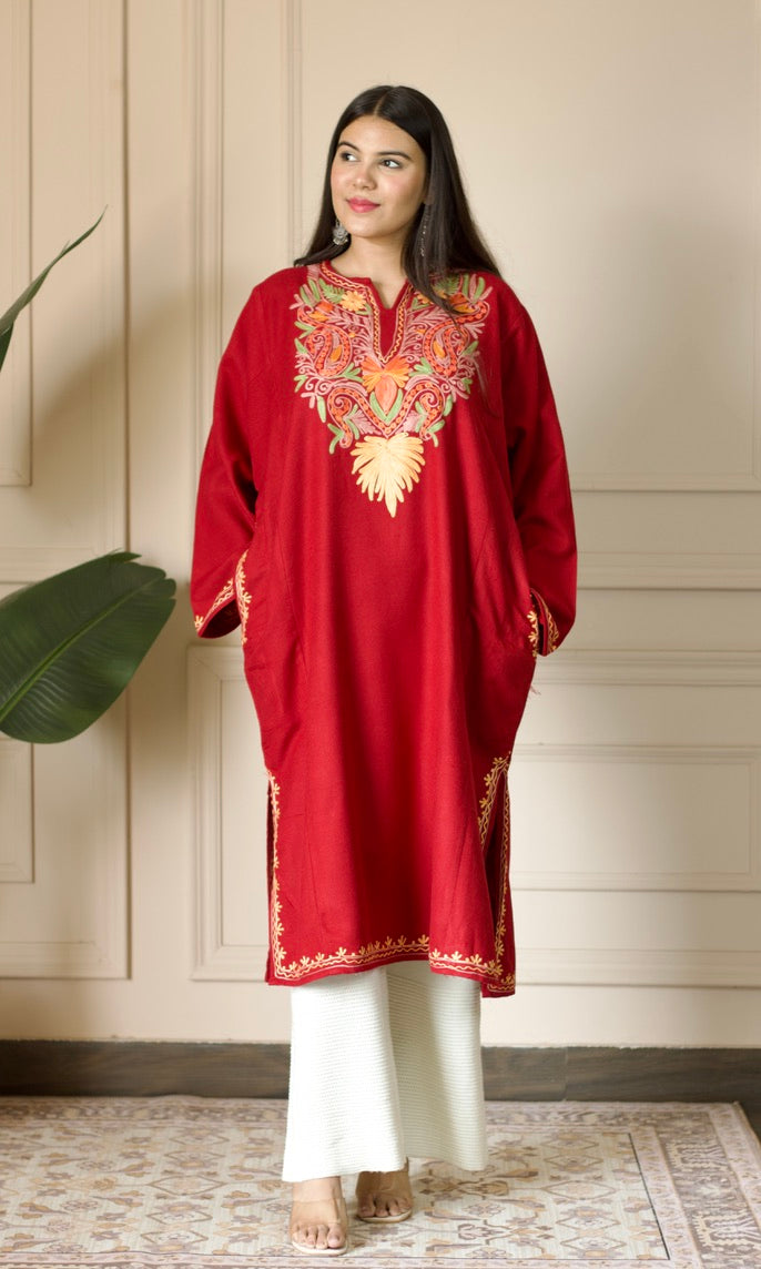 Ruby Flame  Aari Embroidered Fine Cashmilon Pheran