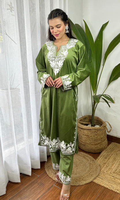 Light Green Aari Embroidered Kashmiri Velvet Suit