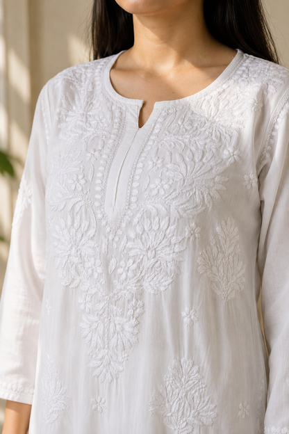 White Handcrafted Chikankari Kurta Set