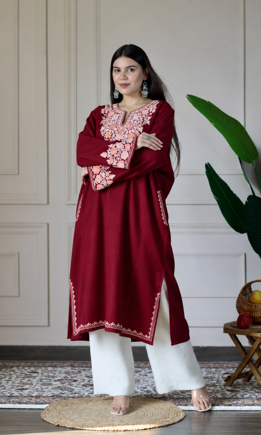 Maroon Blush Petal Aari Embroidered Fine Cashmilon Pheran
