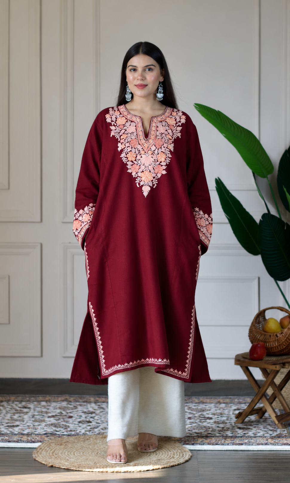 Maroon Blush Petal Aari Embroidered Fine Cashmilon Pheran