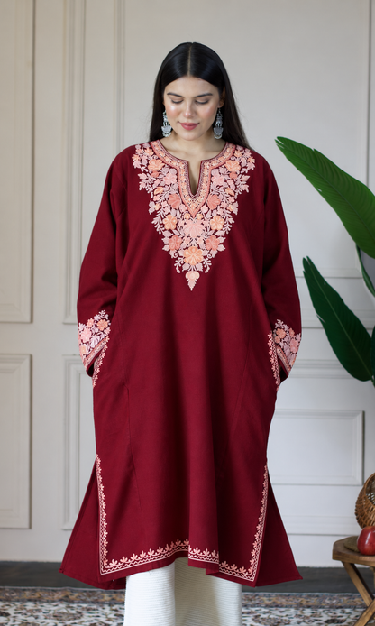 Maroon Blush Petal Aari Embroidered Fine Cashmilon Pheran