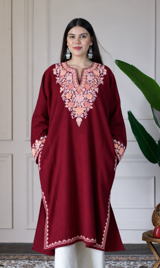 Maroon Blush Petal Aari Embroidered Fine Cashmilon Pheran