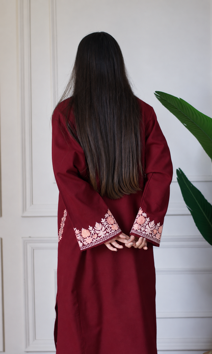 Maroon Blush Petal Aari Embroidered Fine Cashmilon Pheran