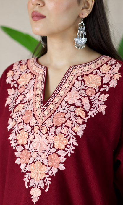 Maroon Blush Petal Aari Embroidered Fine Cashmilon Pheran