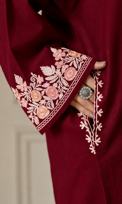 Maroon Blush Petal Aari Embroidered Fine Cashmilon Pheran