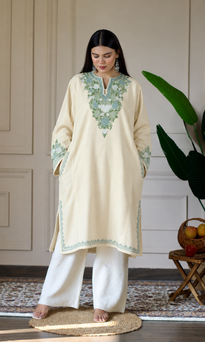 Pearl Mint Bloom Aari Embroidered Fine Cashmilon Pheran