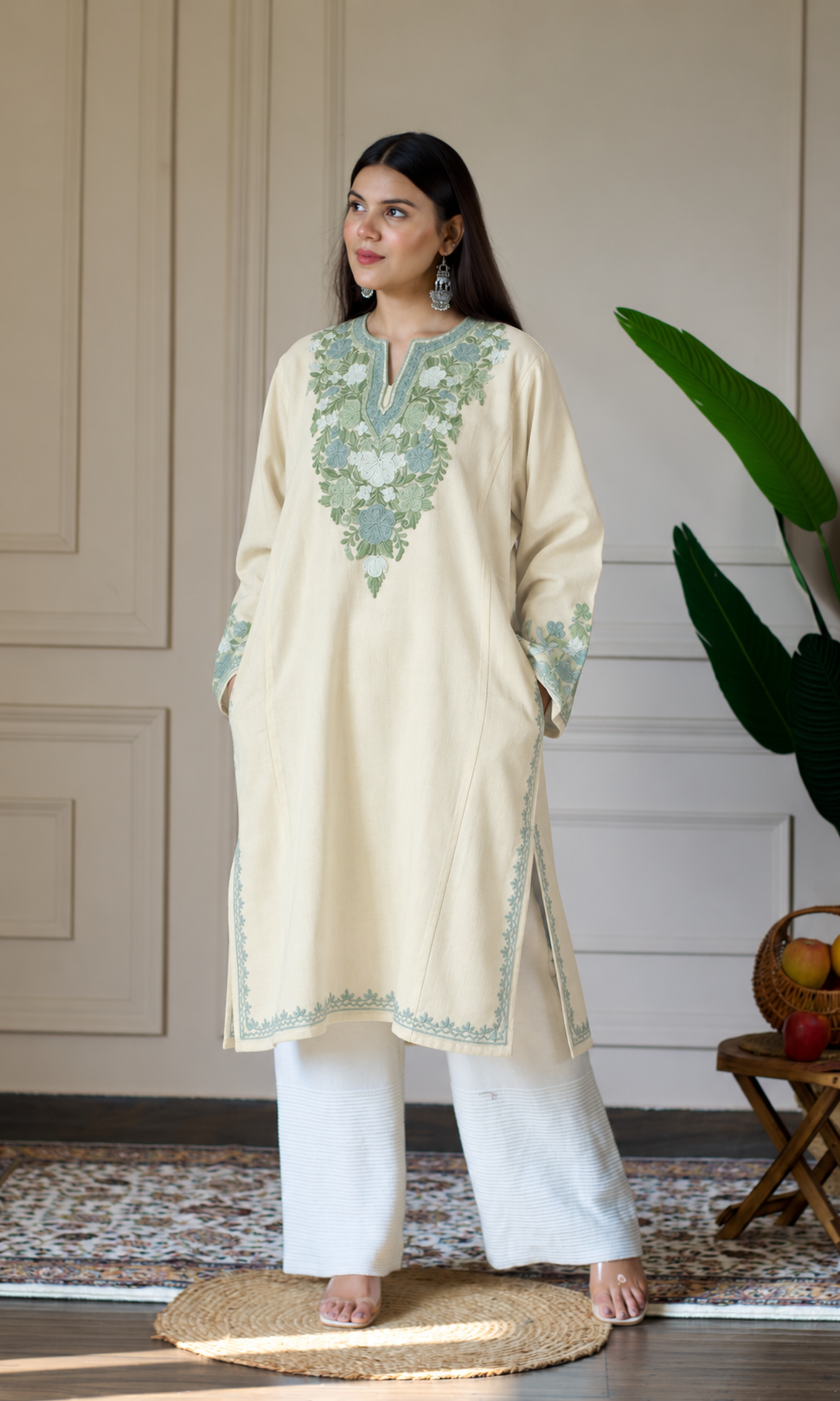 Pearl Mint Bloom Aari Embroidered Fine Cashmilon Pheran