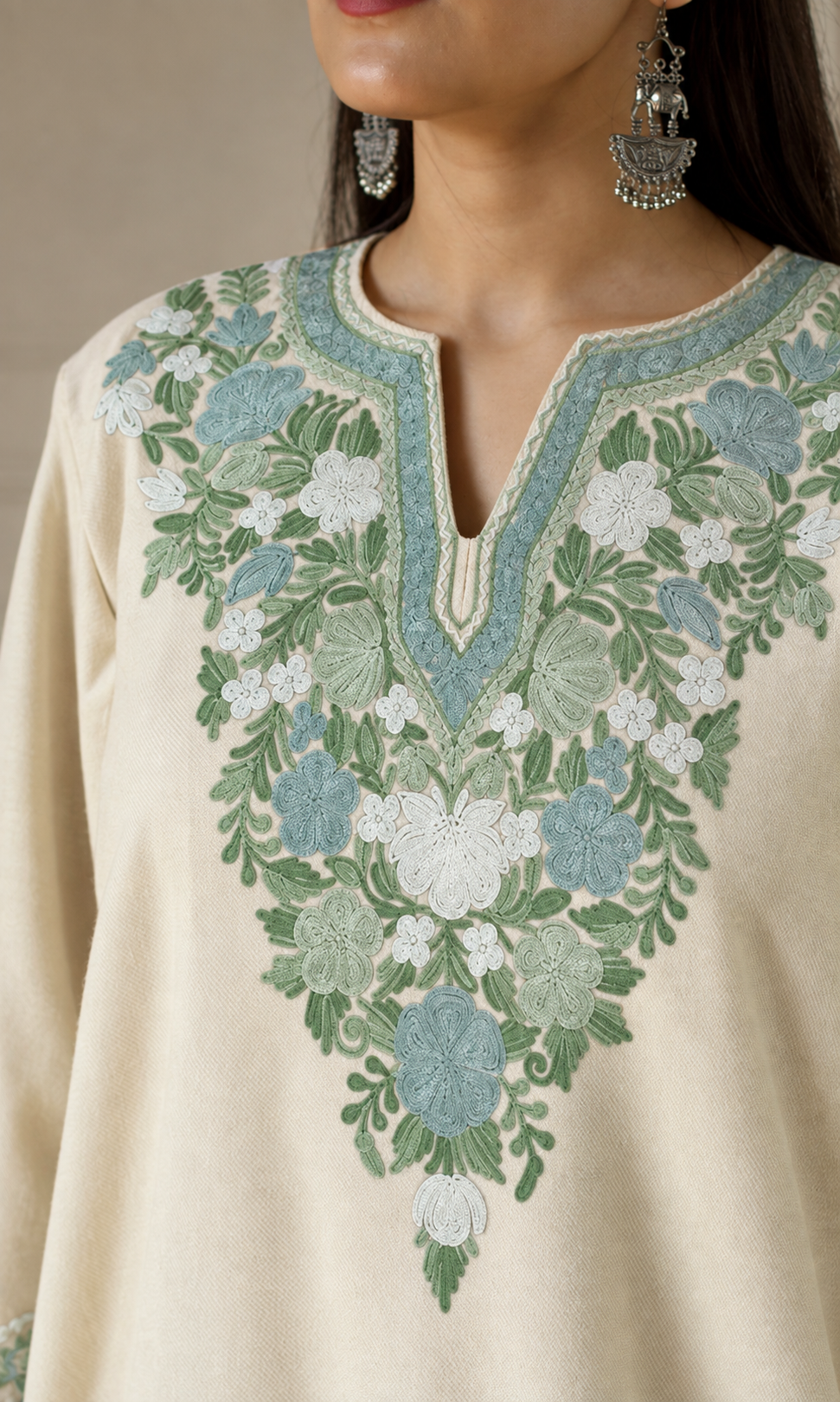 Pearl Mint Bloom Aari Embroidered Fine Cashmilon Pheran