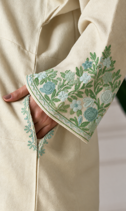 Pearl Mint Bloom Aari Embroidered Fine Cashmilon Pheran