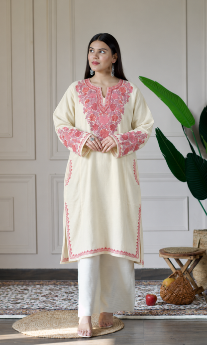 Off-White Blush Petal Aari Embroidered Fine Cashmilon Pheran