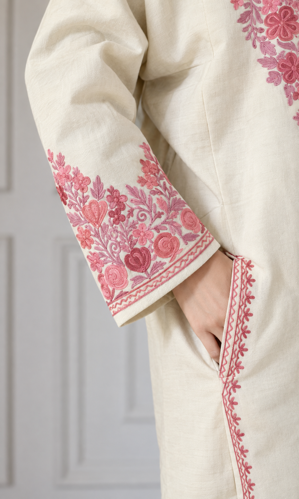 Off-White Blush Petal Aari Embroidered Fine Cashmilon Pheran