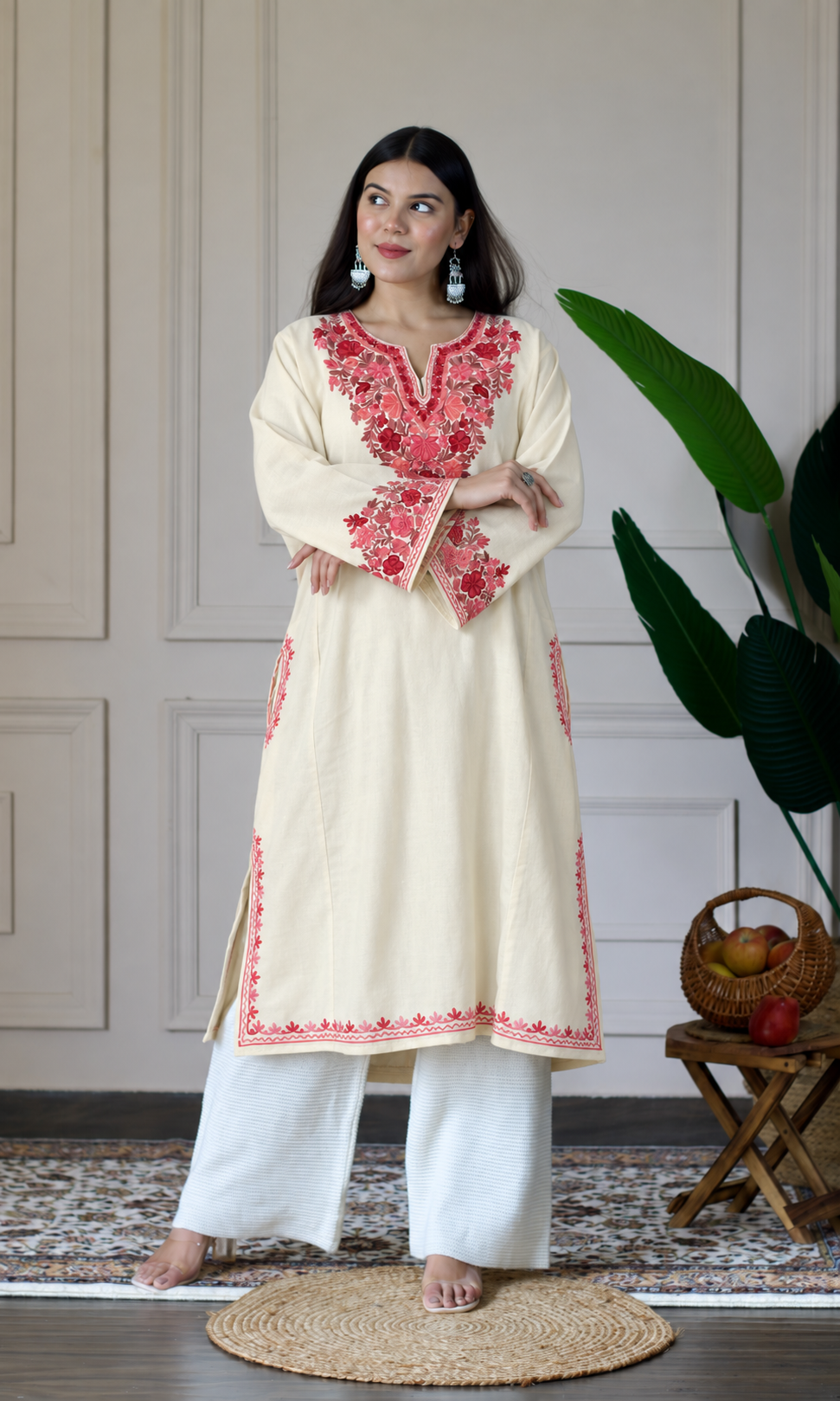 Off-White Ruby Rose Aari Embroidered Fine Cashmilon Pheran