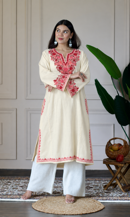 Off-White Ruby Rose Aari Embroidered Fine Cashmilon Pheran