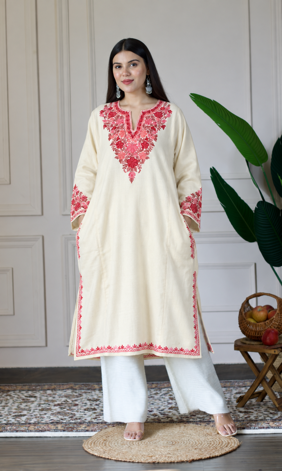 Off-White Ruby Rose Aari Embroidered Fine Cashmilon Pheran