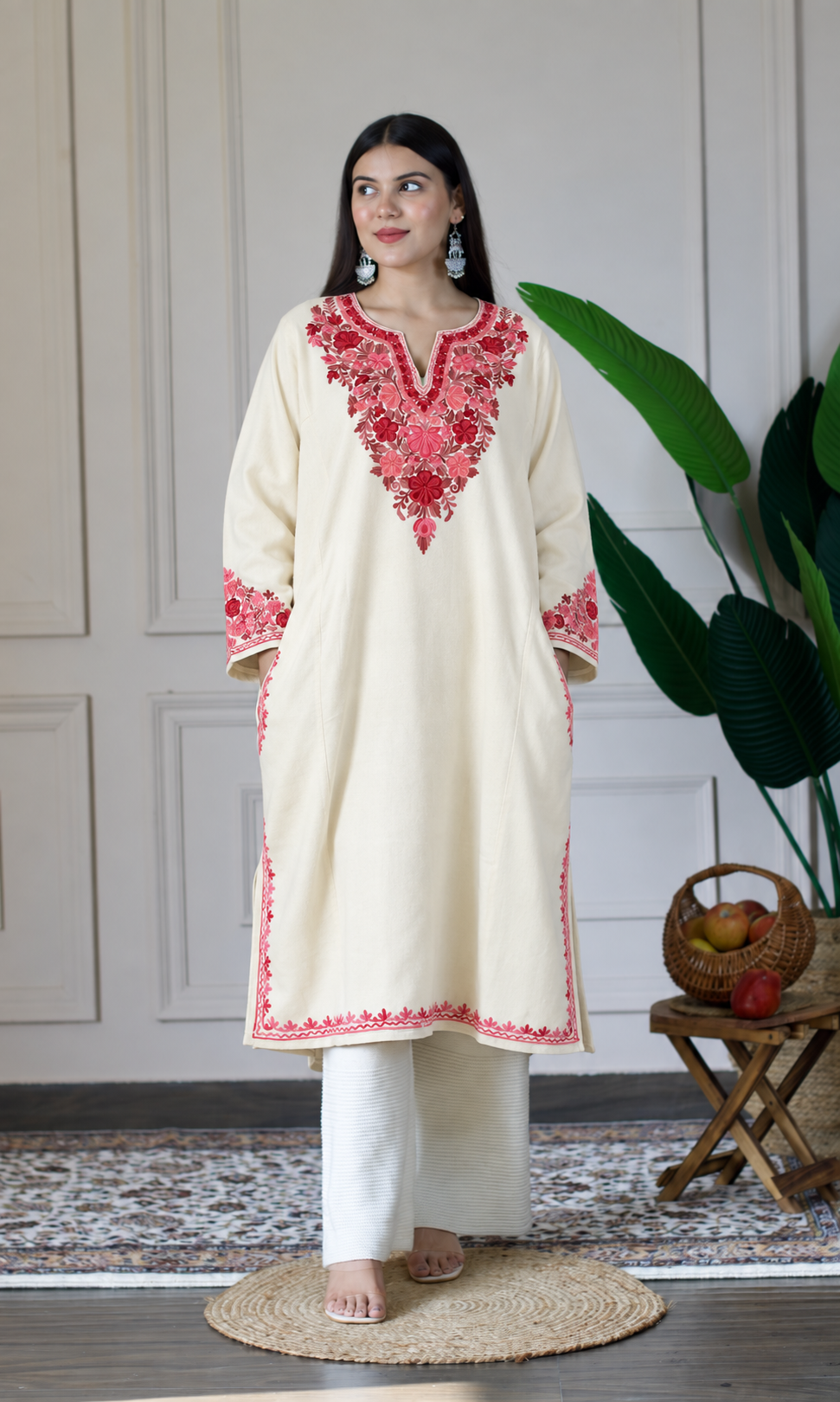 Off-White Ruby Rose Aari Embroidered Fine Cashmilon Pheran