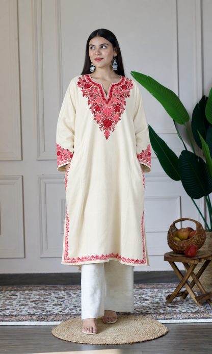 Off-White Ruby Rose Aari Embroidered Fine Cashmilon Pheran