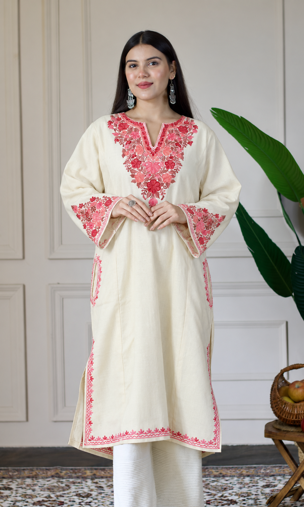 Off-White Ruby Rose Aari Embroidered Fine Cashmilon Pheran