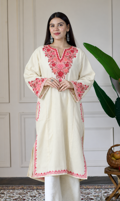 Off-White Ruby Rose Aari Embroidered Fine Cashmilon Pheran