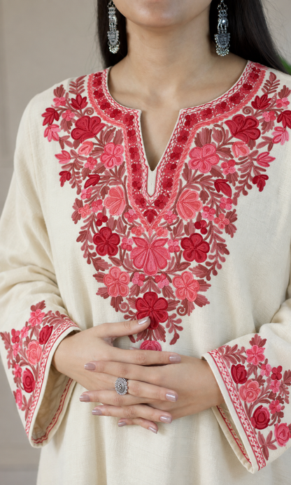 Off-White Ruby Rose Aari Embroidered Fine Cashmilon Pheran