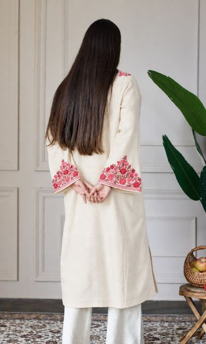 Off-White Ruby Rose Aari Embroidered Fine Cashmilon Pheran