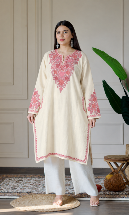 Off-White Blush Petal Aari Embroidered Fine Cashmilon Pheran