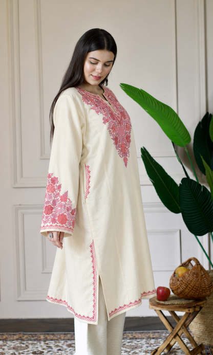 Off-White Blush Petal Aari Embroidered Fine Cashmilon Pheran