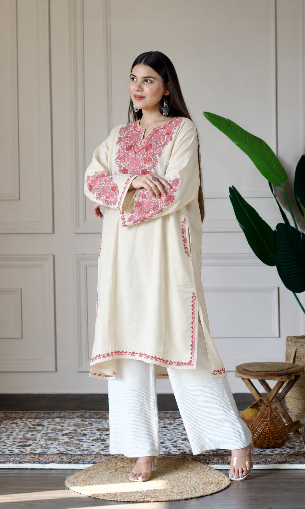 Off-White Blush Petal Aari Embroidered Fine Cashmilon Pheran