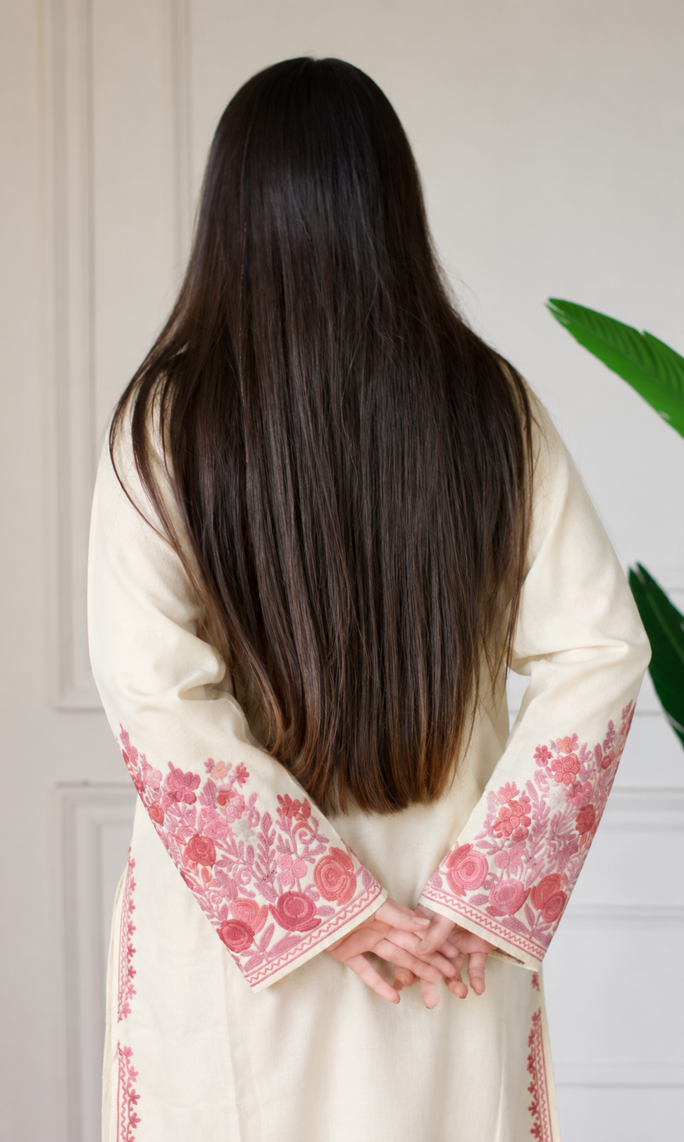 Off-White Blush Petal Aari Embroidered Fine Cashmilon Pheran